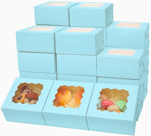 Vista 22 de Bakepacker 60 cajas de papel kraft para panadería con ventana de 6 x 6 x 3 pulgadas de grosor y resistentes cajas de pastelería de macarrones