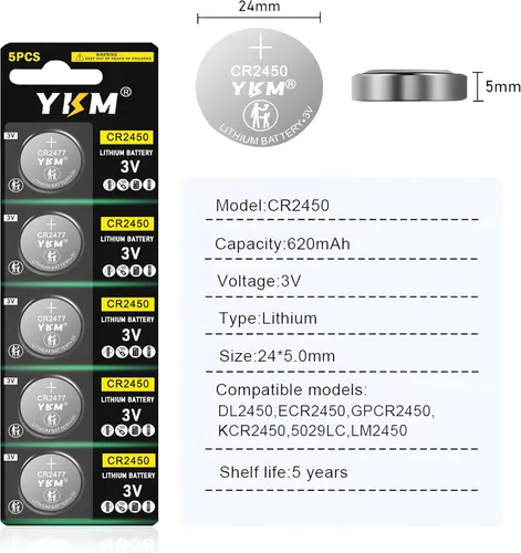 Vista 2 de YKM Batería CR2450, 5 unidades, pilas de litio CR 2450 de 3 V, batería de botón CR2450 para velas sin llama