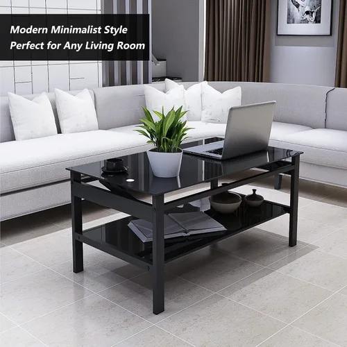 Vista 3 de Mesa de centro de cristal negro para sala de estar, mesa de cóctel Mordern de 2 capas con almacenamiento rectangular de vidrio templado, patas