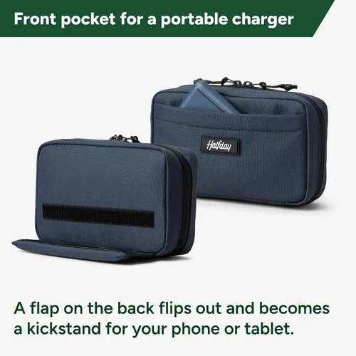 Vista 6 de Halfday Sidekick Tech - Kit organizador Soporte abatible para teléfono/tableta, bolsa con cremallera plana con Power Mesh y elástico para cable