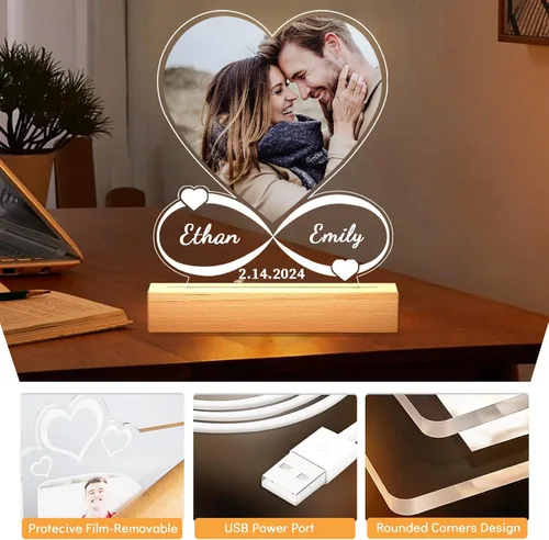 Vista 3 de Regalos personalizados de aniversario para parejas: placa acrílica personalizada con imagen, marco de fotos en forma de corazón para regalo