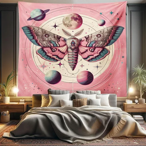Vista 55 de Ambesonne Tapiz bohemio, diseño floral de bruja, luna y mariposa con adornos de mandala, decoración de tela para colgar en la pared para dormitorio