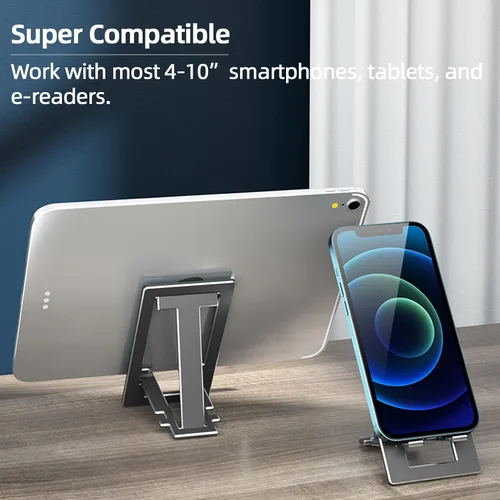 Vista 2 de Soporte para teléfono celular, totalmente plegable, altura ajustable, soporte de teléfono de aleación de aluminio para escritorio/oficina