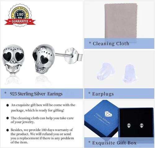 Vista 7 de Aretes punk de plata de ley 925 aretes góticos hipoalergénicos regalo de joyería de calavera para hombres y mujeres con caja de regalo regalos