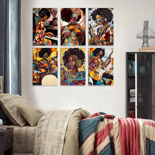 Vista 5 de Paquete de 6 pinturas por números para mujeres sudafricanas para adultos, principiantes, músicos negros, kits de pintura al óleo sobre lienzo
