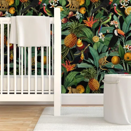 Vista 6 de Muestro de papel tapiz extraíble – Naturaleza Botánico Tropical Tucanes Monos Loros Papel pintado personalizado pre-pegado por Spoonflower
