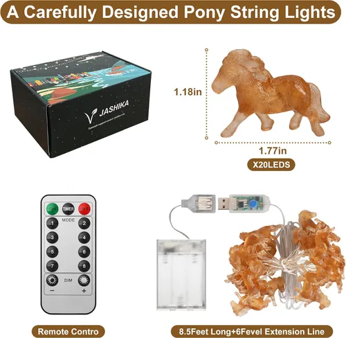 Vista 7 de Guirnalda de luces decorativas de caballo de 8.5 pies, 20 luces LED USB o con control remoto para dormitorio, cumpleaños, vacaciones, boda
