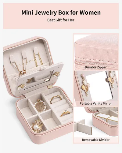 Vista 3 de Vlando Pequeño organizador de joyas de viaje, vitrina de joyería para niñas y mujeres, regalo de dama de honor, anillos, aretes, collares