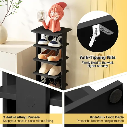 Vista 6 de COSTWAY Zapatero vertical de 8 niveles, organizador de almacenamiento de zapatos alto y estrecho con estante extraíble para botas, kit antivuelcos