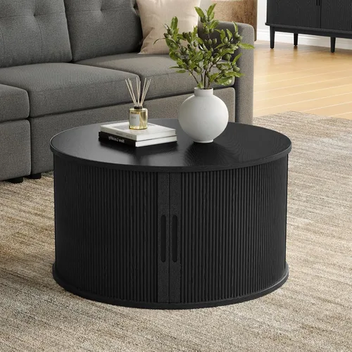 Vista 4 de LINSY HOME - Mesa de centro redonda, mesa de centro de 31.5" con puerta de tambor deslizante, mesa auxiliar acampanada con almacenamiento, mesa