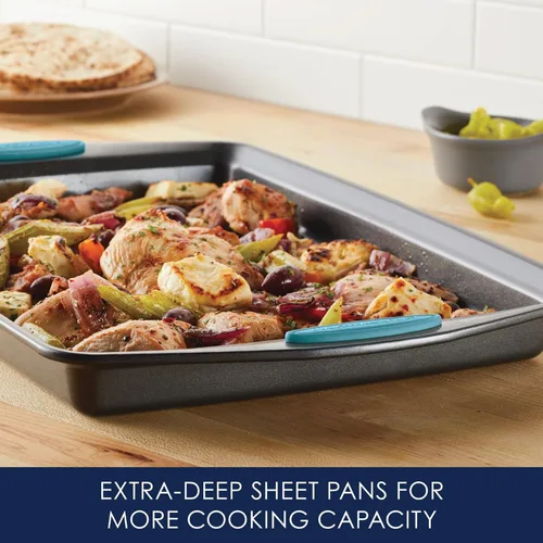 Vista 7 de Rachael Ray Bakeware - Juego de bandejas antiadherentes para galletas, 3 piezas, gris con agarres azul agave