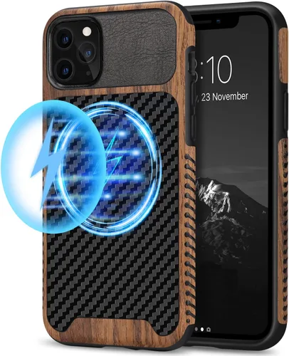 Vista 9 de TENDLIN Compatible con iPhone 11 Funda de grano de madera con textura de fibra de carbono, diseño híbrido de cuero, color negro