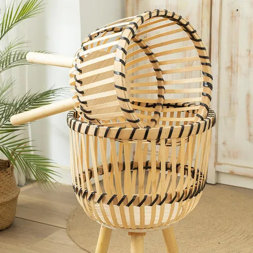 Vista 7 de Soporte tejido de bambú para macetas con patas de madera, cesta de ratán interior, macetas, soporte tejido para plantas de interior, soporte
