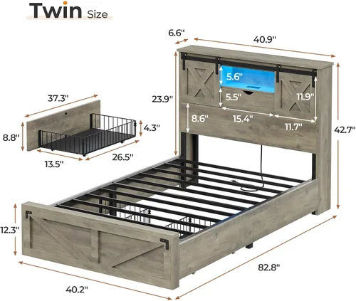 Vista 2 de Marco de cama de granja tamaño individual con 2 cajones de almacenamiento, plataforma de madera con luces LED y estación de carga, cabecera