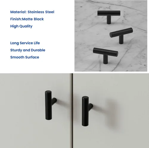 Vista 7 de LONTAN Paquete de 4 Pomos Negros para Gabinetes y Cajones Pomos de Gabinete de Cocina para Tocador Baño Moderno Herrajes Negros de Barra en T