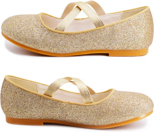 Vista 2 de W&LESVAGO Zapatos de ballet de princesa con purpurina para niñas con correa elástica, zapatos de vestir Mary Jane para niña, regreso a la escuela