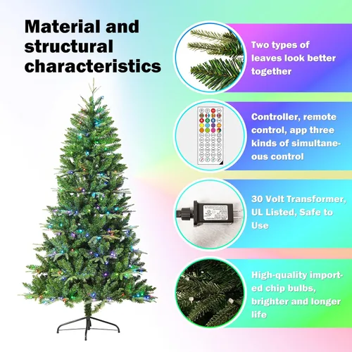 Vista 3 de Árbol de Navidad preiluminado de 8 pies con 470 luces LED, árbol de Navidad artificial con luces RGB multicolor controladas por aplicación, 1755