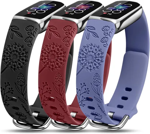 Vista 7 de Paquete de 3 correas compatibles con Fitbit Luxe para mujer, de silicona suave, con grabado floral, correa deportiva de diente de león, repuesto