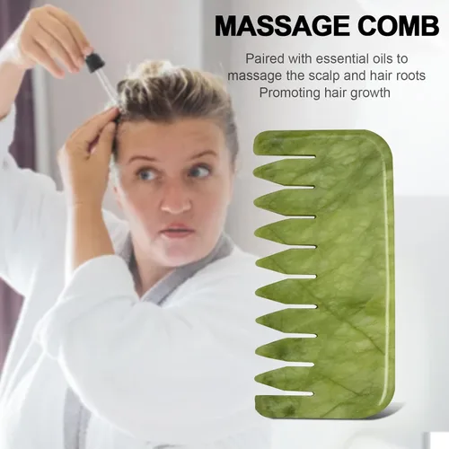 Vista 5 de gemshan Jade Gua Sha Peine, 2 piezas de peine de masaje de jade verde para el cuidado de la cabeza, cabeza relajada, cuero cabelludo profundo