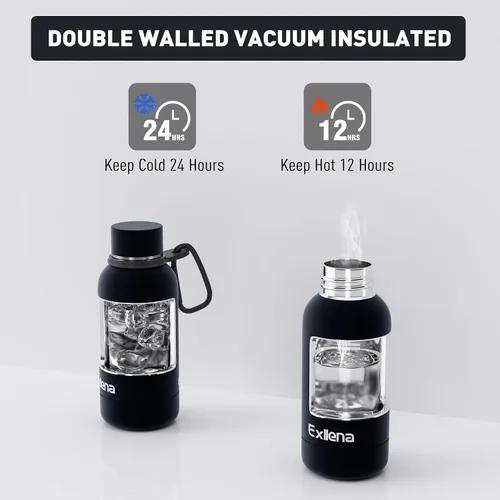 Vista 4 de Exllena Botella de agua pequeña de 12 onzas con clip, doble pared de acero inoxidable al vacío, pequeña botella de agua aislada que mantiene