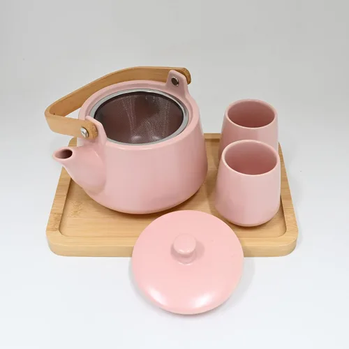Vista 3 de Urban Tokyo Juego de té de cerámica con bandeja de bambú, tetera de 20 onzas líquidas con 2 tazas, esmalte mate satinado, servicio de té de Rosa
