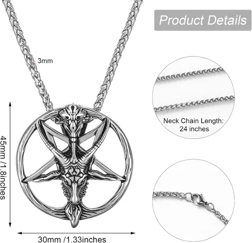 Vista 2 de Collar satánico, cabeza de cabra invertida, pentagrama invertido, pentáculo de acero inoxidable, collar de baphomet, cadena colgante, regalo