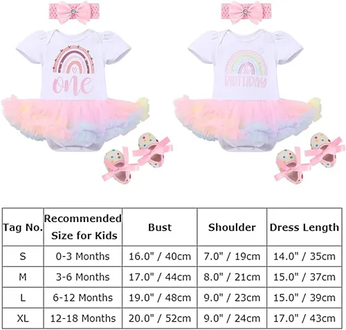 Vista 7 de ODASDO Conjunto de 3 piezas de ropa para bebé niña para primer cumpleaños, tutú de arcoíris, princesa, mameluco, tiara, zapatos, 3 piezas