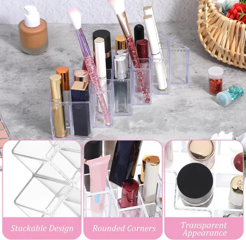 Vista 3 de Organizador de lápiz labial de 4 piezas, 16 espacios, torre de lápiz labial apilable en forma de pez, soporte de almacenamiento de brillo de labios