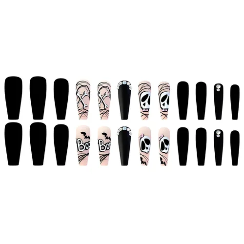 Vista 5 de 24 uñas largas a presión de Halloween, uñas postizas de Halloween, uñas postizas acrílicas con forma de ataúd con diseños, cobertura completa