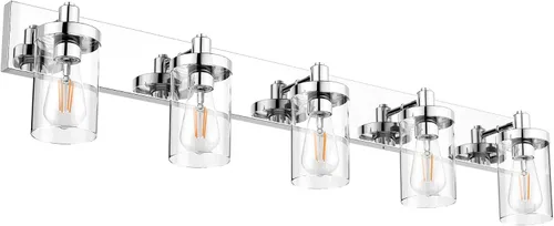 Vista 12 de Aipsun Accesorios de iluminación de tocador de baño, luz cromada, 2 luces, luz de baño de acero inoxidable con pantalla de vidrio transparente