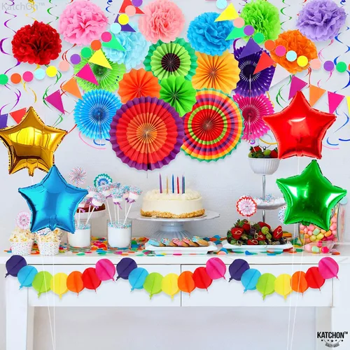 Vista 8 de KatchOn, Juego de decoraciones del Cinco de Mayo, paquete de 37, abanicos de papel para fiestas, decoraciones de fiesta Bandera mexicana, pompones