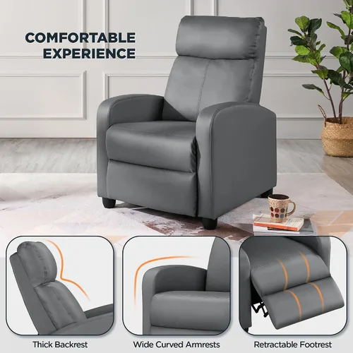 Vista 4 de Yaheetech Asiento de cine en casa, silla reclinable de piel sintética, moderna para sala de estar, sofá reclinable con bolsillo, color gris primavera