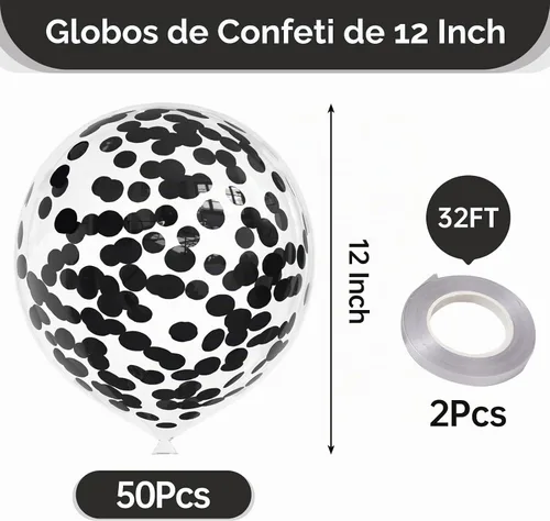 Vista 2 de 50 globos de confeti de aluminio negro, globos de látex de 12 pulgadas con confeti negro en el interior para cumpleaños, fiesta familiar, boda