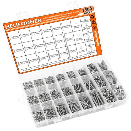 Vista 8 de HELIFOUNER 1500 piezas M2 M3 M4, cabeza de botón de acero inoxidable 304, tornillos métricos, pernos, arandelas, tuercas, kit surtido de accesorios