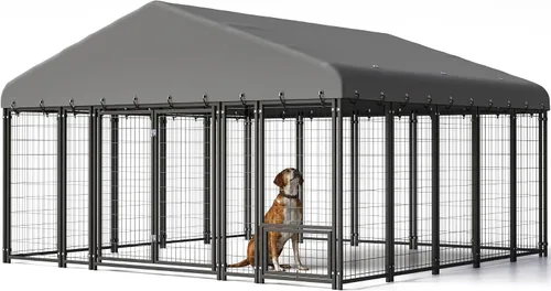 Vista 7 de Perrera grande para perros al aire libre de 10 x 10 pies con puertas batientes dobles, jaula resistente para perros con panel de alimentación, techo