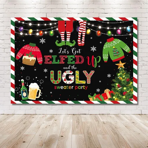 Vista 6 de MEHOFOND Telón de fondo de Feliz Navidad de 7 x 5 pies con texto en inglés "Let's Get Elfed up and The Ugly Sweater Party Fotografía", rojo y verde