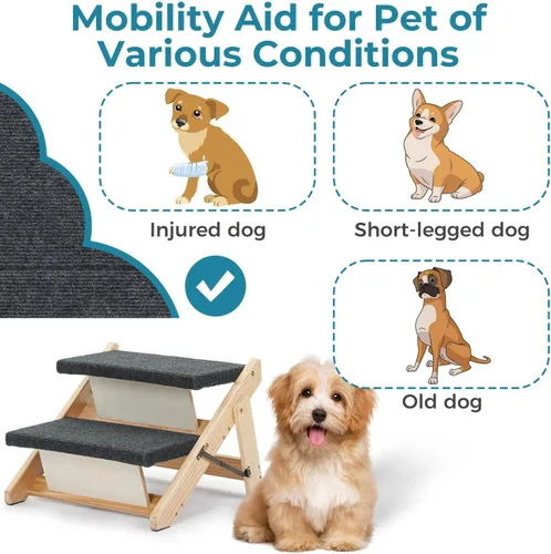 Vista 9 de MEWANG Wood Pet Stairs/Pet Steps - Escalera y rampa plegable de 2 niveles para perros, perfecta para camas y coches - Escalera portátil