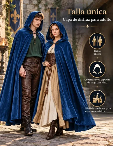 Vista 2 de JPXH Capa medieval con capucha renacentista para hombres y mujeres, disfraz de Halloween Azul