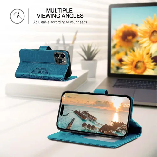 Vista 3 de Funda tipo cartera para iPhone 15 Pro Max, bloqueo RFID, soporte para 3 tarjetas con ranura para tarjetas de crédito, funda protectora magnética