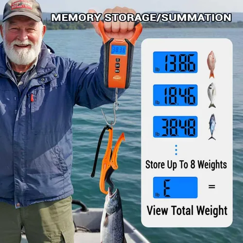 Vista 3 de Báscula de pescado digital impermeable flotante con estuche de transporte, báscula de pesaje de pesca con pinza de labio, pantalla LCD