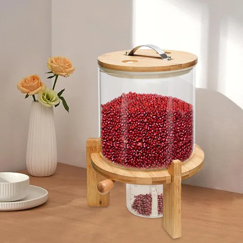 Vista 4 de Dispensador de tanque de almacenamiento de grano de 7.5L/5L con base+válvula+taza+taza de vidrio de arroz de cereales de harina de frijoles
