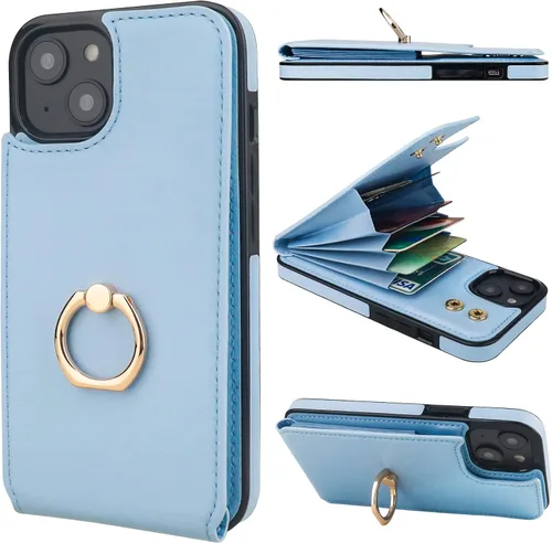 Vista 24 de Folosu Funda tipo billetera compatible con iPhone 14 con soporte para tarjetas, soporte de anillo para dedo con rotación de 360° y función atril