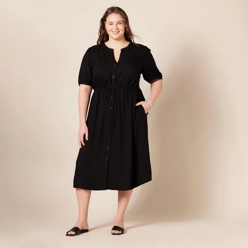 Vista 6 de Tienda Essentials - Vestido por debajo de la rodilla de media manga para mujer, estilo acampanado, ajuste holgado, ceñido en la cintura