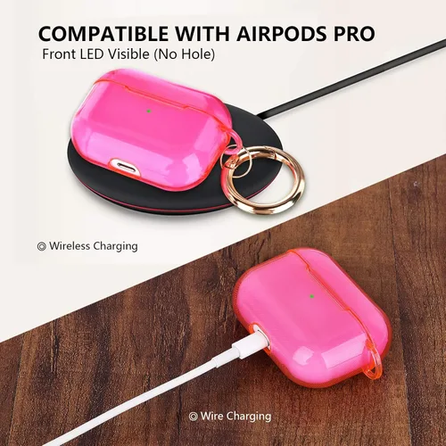 Vista 5 de AIRSPO Funda transparente para AirPods Pro, TPU suave, transparente, compatible con carga inalámbrica, rosa neón