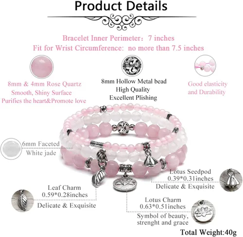 Vista 5 de Jovivi - 3 pulseras de cuentas de cristal de cuarzo rosa amatista para chakras, energía natural de curación, cuentas de loto, piedra reiki