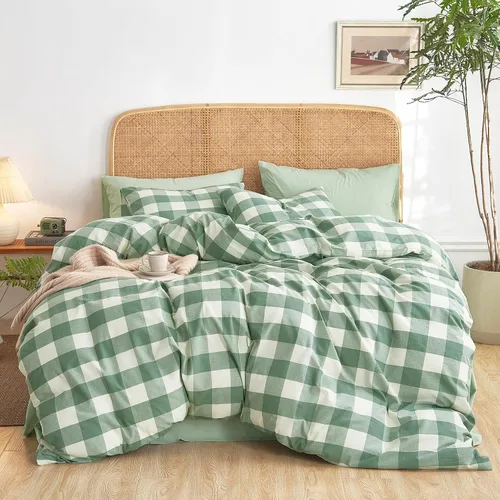 Vista 9 de Wake In Cloud - Juego de funda de edredón de algodón gingham, a cuadros de búfalo a cuadros granja, juego de ropa de cama de percal texturizado 100%