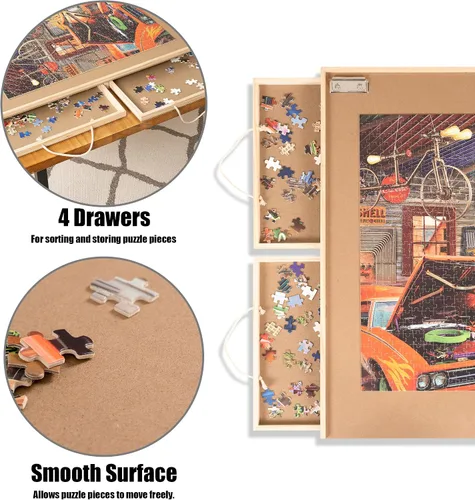 Vista 5 de Lavievert Mesa de rompecabezas de 1500 piezas con 4 cajones y cubierta, meseta de rompecabezas de madera con juego de alfombrilla de rompecabezas