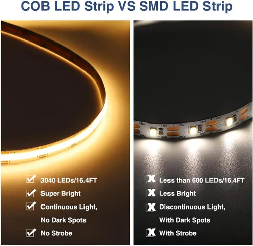 Vista 4 de COB - Tira de luz LED blanca regulable de 16.4 pies, 24 V, 2700 K-6500 K, cinta de tira de luz COB con control remoto RF 3200 LED CRI93+