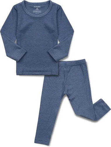 Vista 24 de AVAUMA Conjunto de pijama para bebés, niños y niñas, ajuste ceñido, con nervaduras, ropa de dormir para el estilo de vida diario Negro/Azul