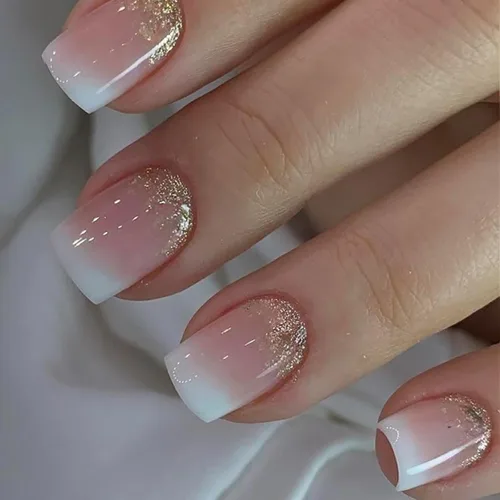 Vista 31 de Uñas postizas cortas cuadradas MABKJLF, uñas francesas falsas con gradiente, uñas de cobertura completa, flores blancas, uñas falsas con diseños